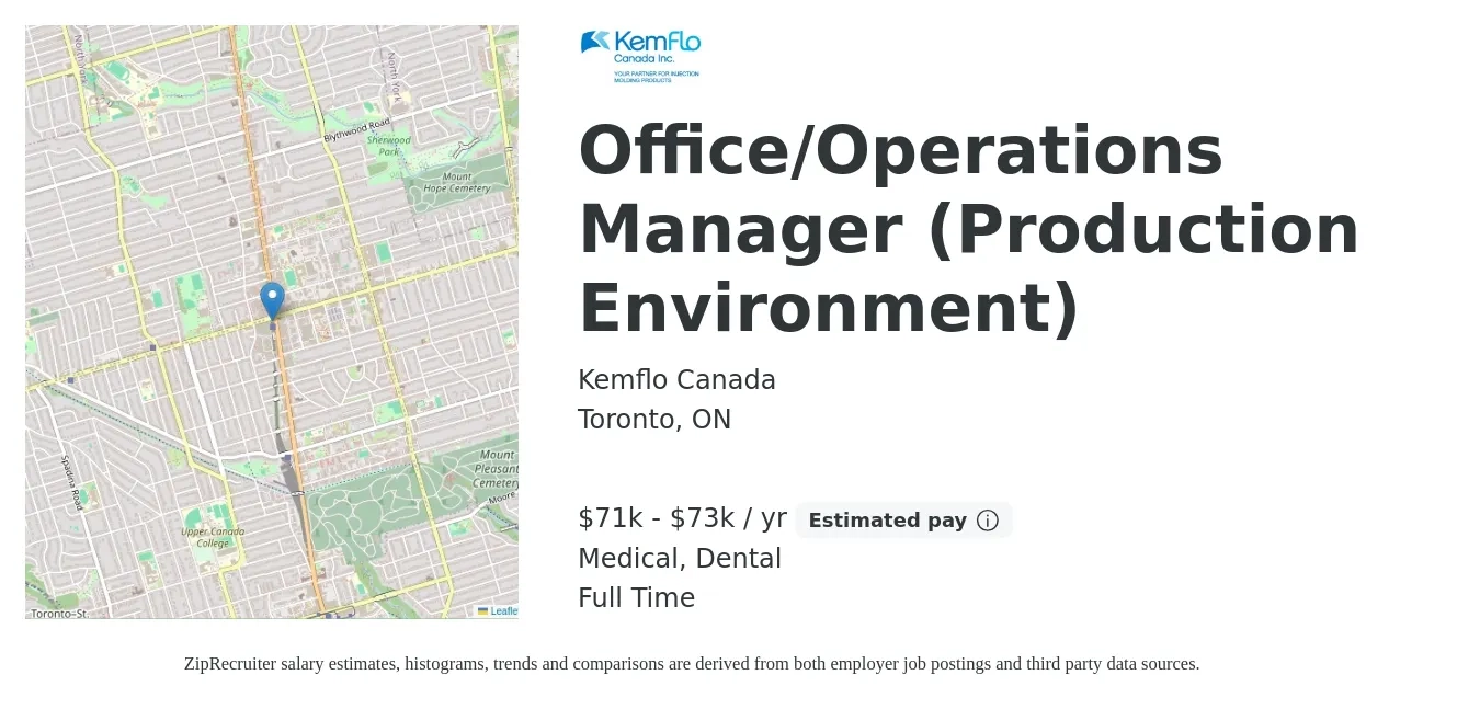 Kemflo Canada job posting for a Office/Operations Manager (Production Environment) in Toronto, ON with a salary of $71,000 to $73,000 Yearly and benefits including dental, life_insurance, and medical with a map of Toronto location.