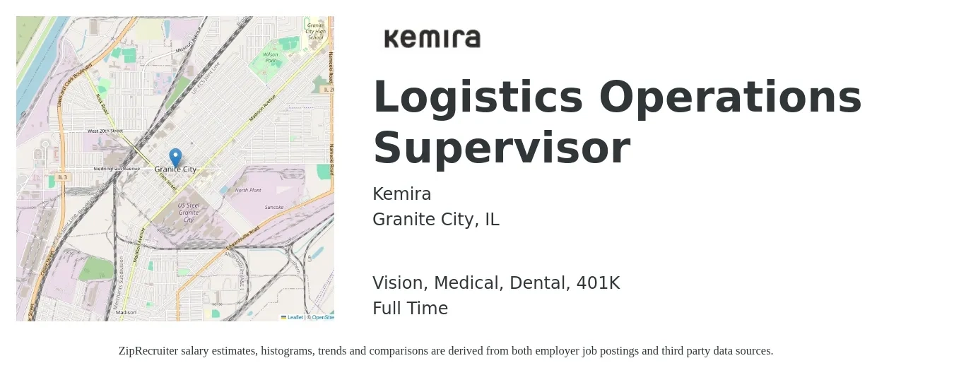 Kemira job posting for a Logistics Operations Supervisor in Granite City, IL with a salary of $50,500 to $76,700 Yearly and benefits including 401k, dental, life_insurance, medical, and vision with a map of Granite City location.