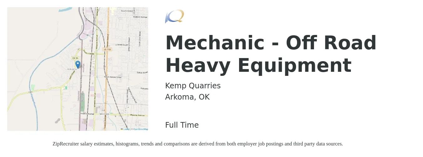 Kemp Quarries job posting for a Mechanic - Off Road Heavy Equipment in Arkoma, OK with a salary of $25 to $33 Hourly with a map of Arkoma location.