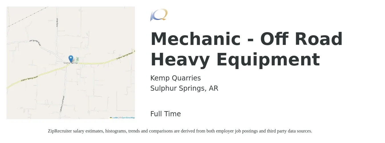 Kemp Quarries job posting for a Mechanic - Off Road Heavy Equipment in Sulphur Springs, AR with a salary of $23 to $30 Hourly with a map of Sulphur Springs location.