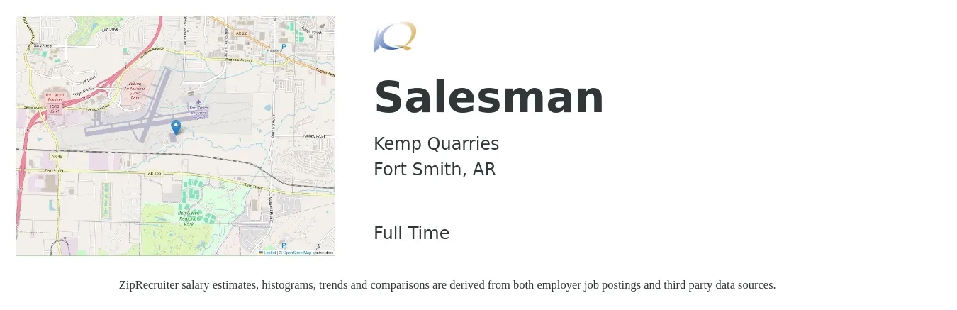 Kemp Quarries job posting for a Salesman in Fort Smith, AR with a salary of $32,600 to $58,400 Yearly with a map of Fort Smith location.
