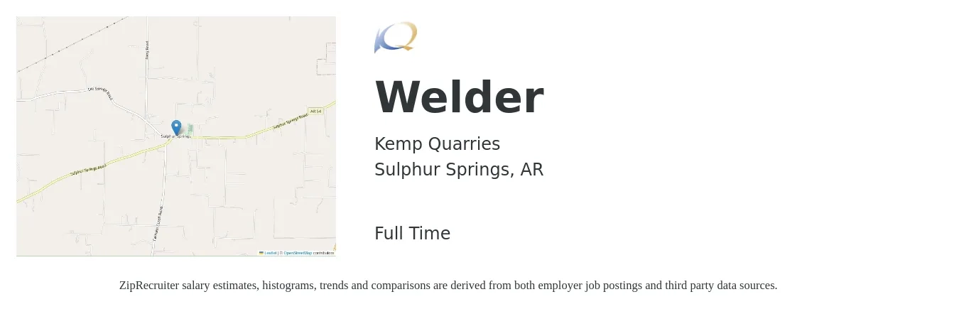 Kemp Quarries job posting for a Welder in Sulphur Springs, AR with a salary of $17 to $23 Hourly with a map of Sulphur Springs location.