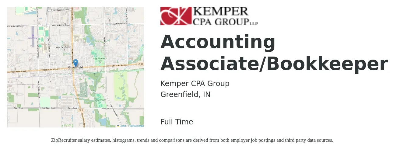 Kemper CPA Group job posting for a Accounting Associate/Bookkeeper in Greenfield, IN with a salary of $20 to $28 Hourly with a map of Greenfield location.
