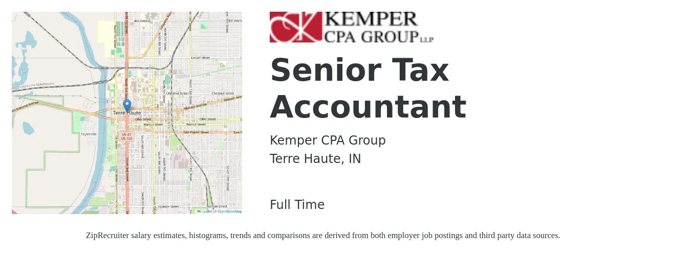 Kemper CPA Group job posting for a Senior Tax Accountant in Terre Haute, IN with a salary of $77,800 to $99,600 Yearly with a map of Terre Haute location.