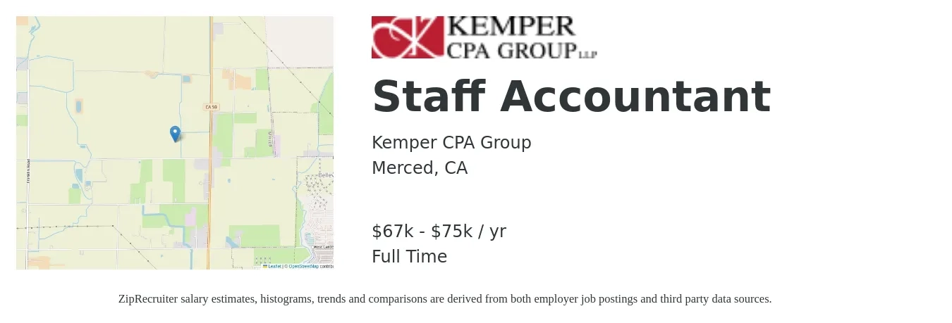 Kemper CPA Group job posting for a Staff Accountant in Merced, CA with a salary of $67,000 to $75,000 Yearly with a map of Merced location.