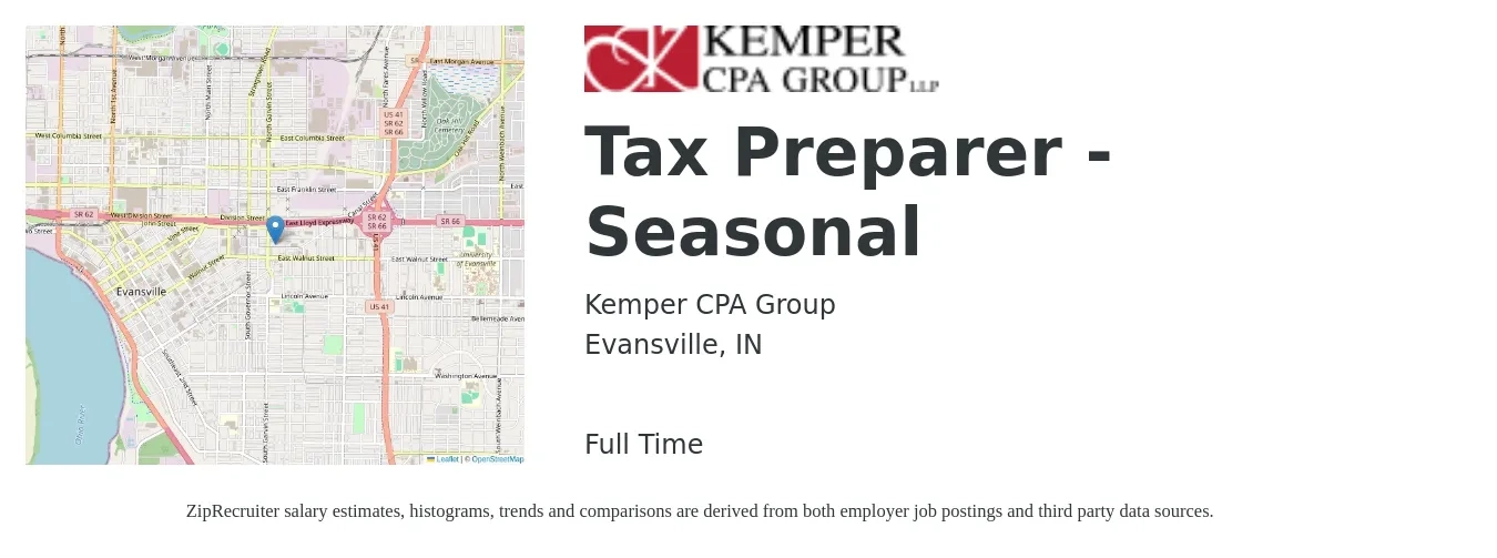 Kemper CPA Group job posting for a Tax Preparer - Seasonal in Evansville, IN with a salary of $12 to $18 Hourly with a map of Evansville location.