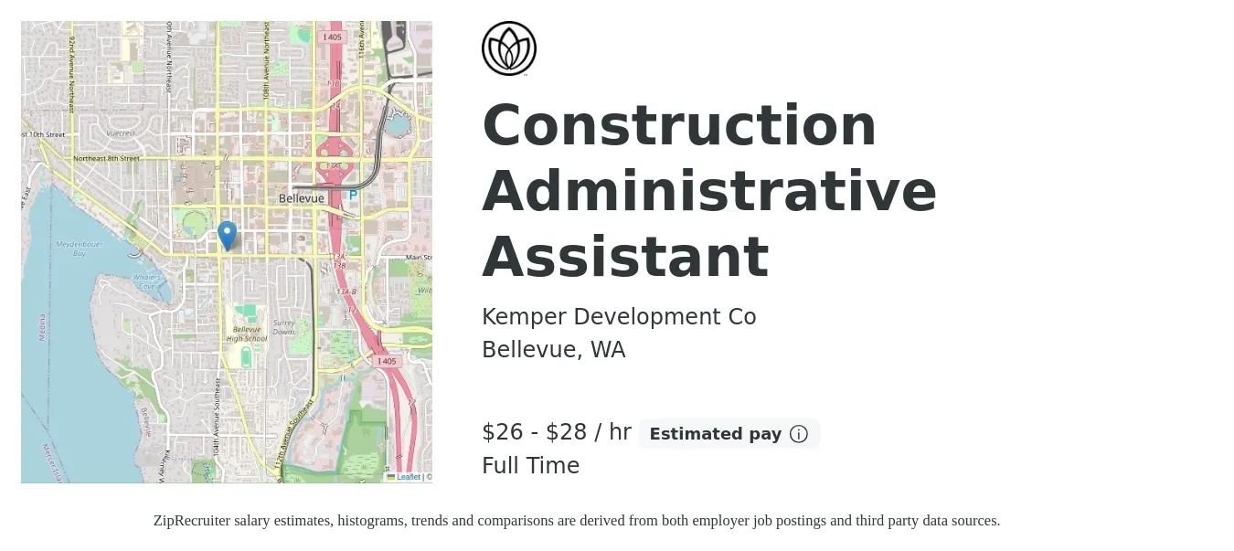 Kemper Development Co job posting for a Construction Administrative Assistant in Bellevue, WA with a salary of $28 to $30 Hourly with a map of Bellevue location.