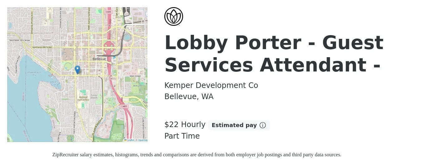 Kemper Development Co job posting for a Lobby Porter - Guest Services Attendant - in Bellevue, WA with a salary of $23 Hourly with a map of Bellevue location.