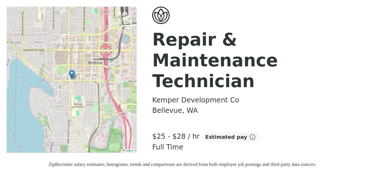 Kemper Development Co job posting for a Repair & Maintenance Technician in Bellevue, WA with a salary of $26 to $30 Hourly with a map of Bellevue location.