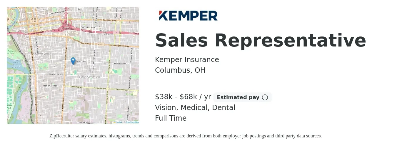 Kemper Insurance job posting for a Sales Representative in Columbus, OH with a salary of $38,000 to $68,000 Yearly (plus commission) and benefits including dental, life_insurance, medical, pto, retirement, and vision with a map of Columbus location.