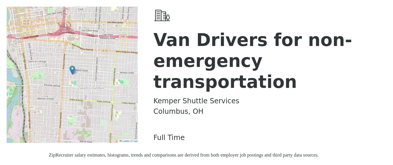 Kemper Shuttle Services job posting for a Van Drivers for non-emergency transportation in Columbus, OH with a salary of $15 Hourly with a map of Columbus location.