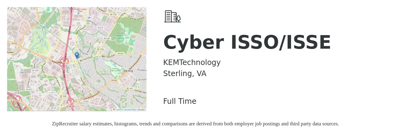 KEMTechnology job posting for a Cyber ISSO/ISSE in Sterling, VA with a salary of $95,900 to $139,300 Yearly with a map of Sterling location.