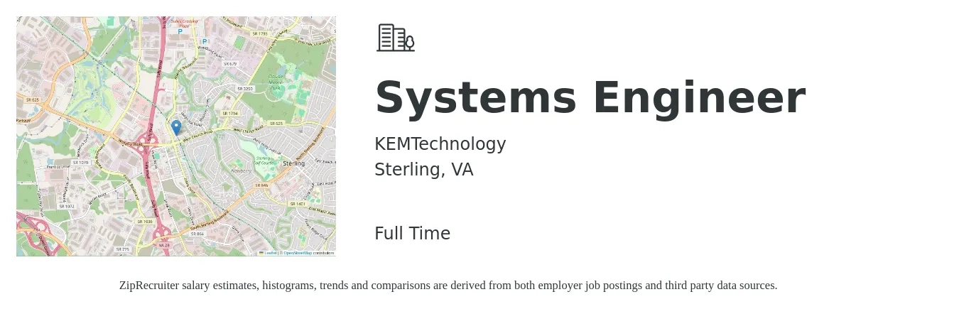 KEMTechnology job posting for a Systems Engineer in Sterling, VA with a salary of $98,900 to $158,500 Yearly with a map of Sterling location.