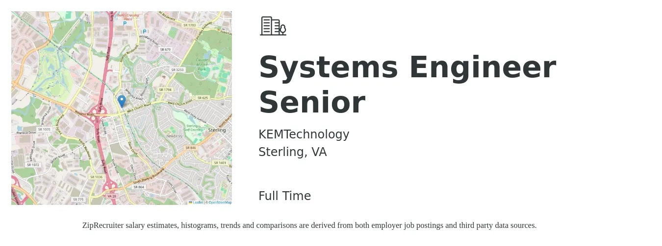 KEMTechnology job posting for a Systems Engineer Senior in Sterling, VA with a salary of $105,500 to $144,400 Yearly with a map of Sterling location.