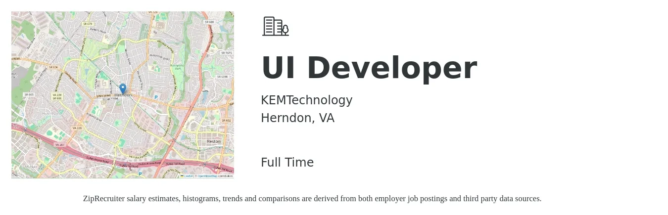KEMTechnology job posting for a UI Developer in Herndon, VA with a salary of $51 to $67 Hourly with a map of Herndon location.