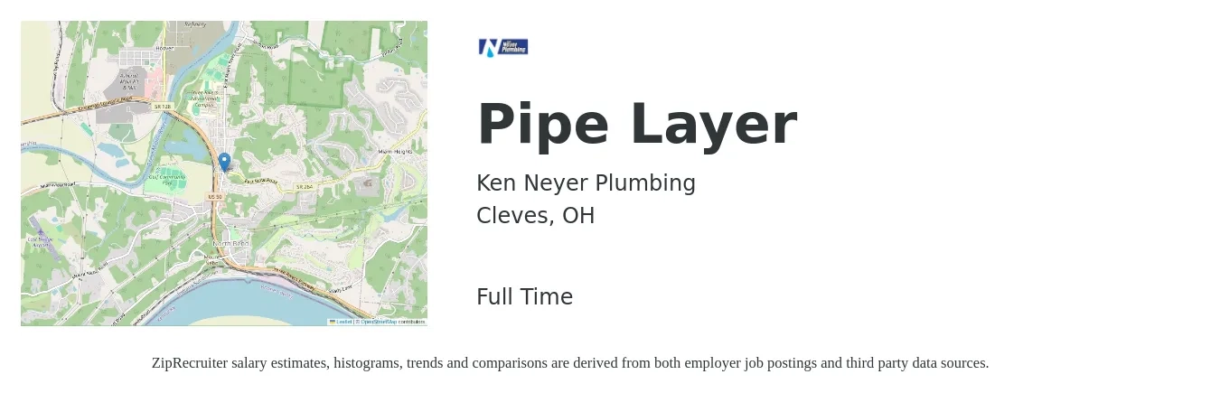 Ken Neyer Plumbing job posting for a Pipe Layer in Cleves, OH with a salary of $18 to $23 Hourly with a map of Cleves location.