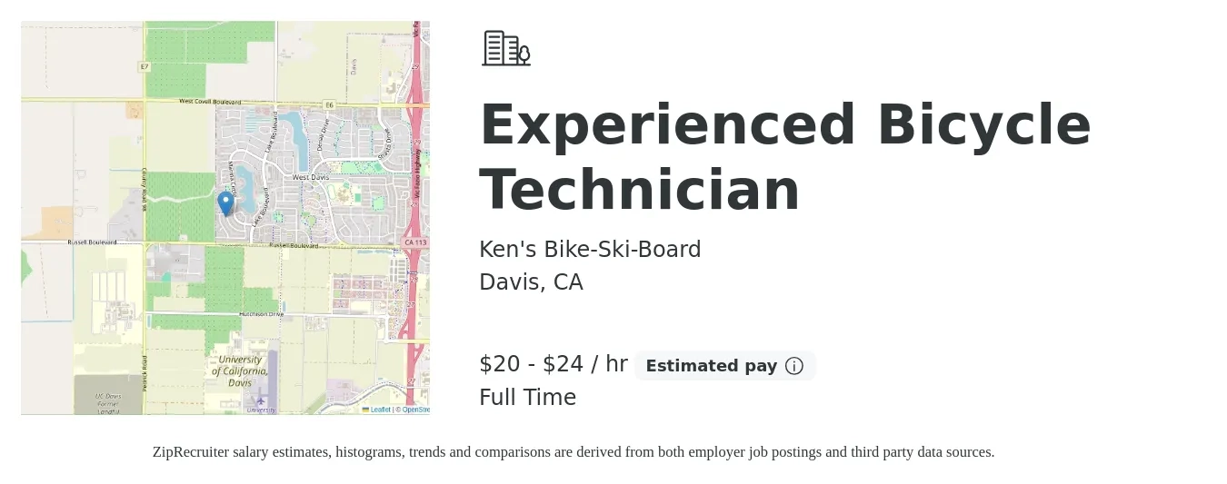 Ken's Bike-Ski-Board job posting for a Experienced Bicycle Technician in Davis, CA with a salary of $20 to $26 Hourly with a map of Davis location.