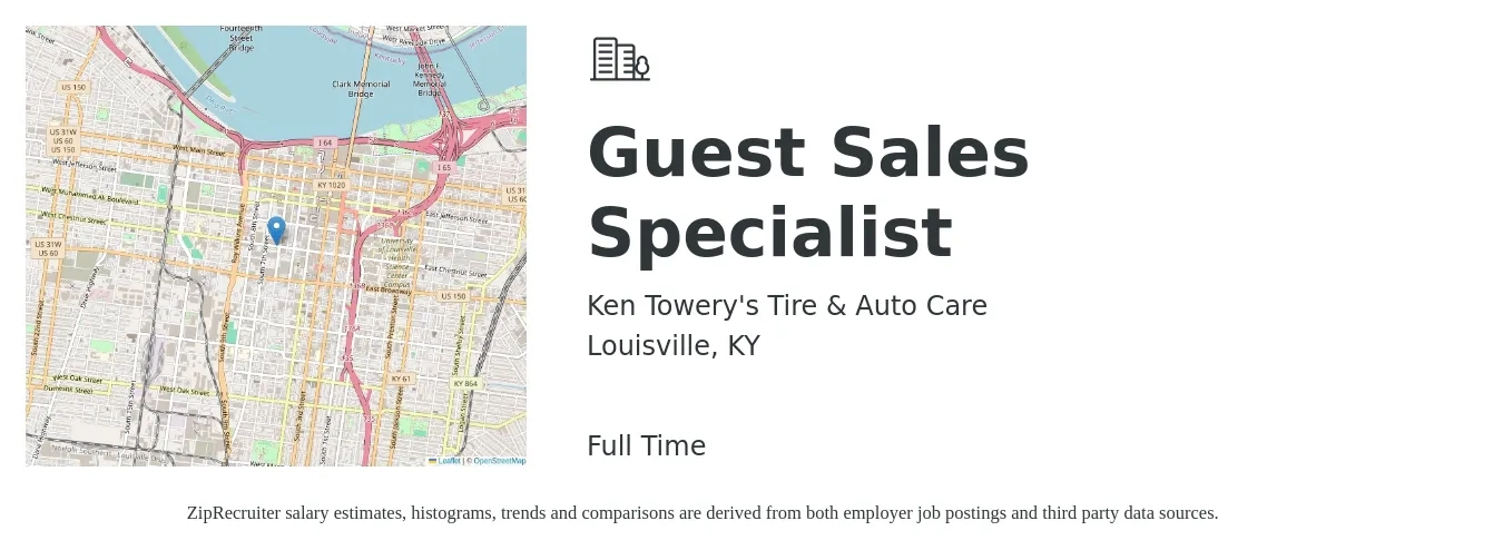 Ken Towery's Tire & Auto Care job posting for a Guest Sales Specialist in Louisville, KY with a salary of $44,200 to $73,500 Yearly with a map of Louisville location.