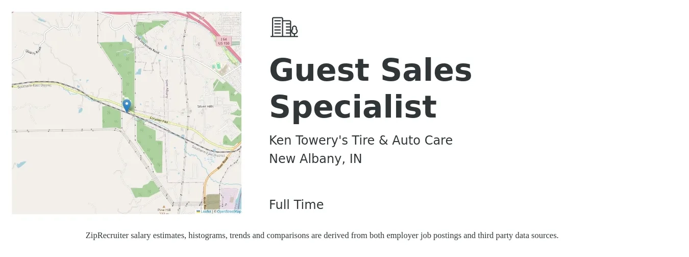 Ken Towery's Tire & Auto Care job posting for a Guest Sales Specialist in New Albany, IN with a salary of $42,600 to $70,800 Yearly with a map of New Albany location.