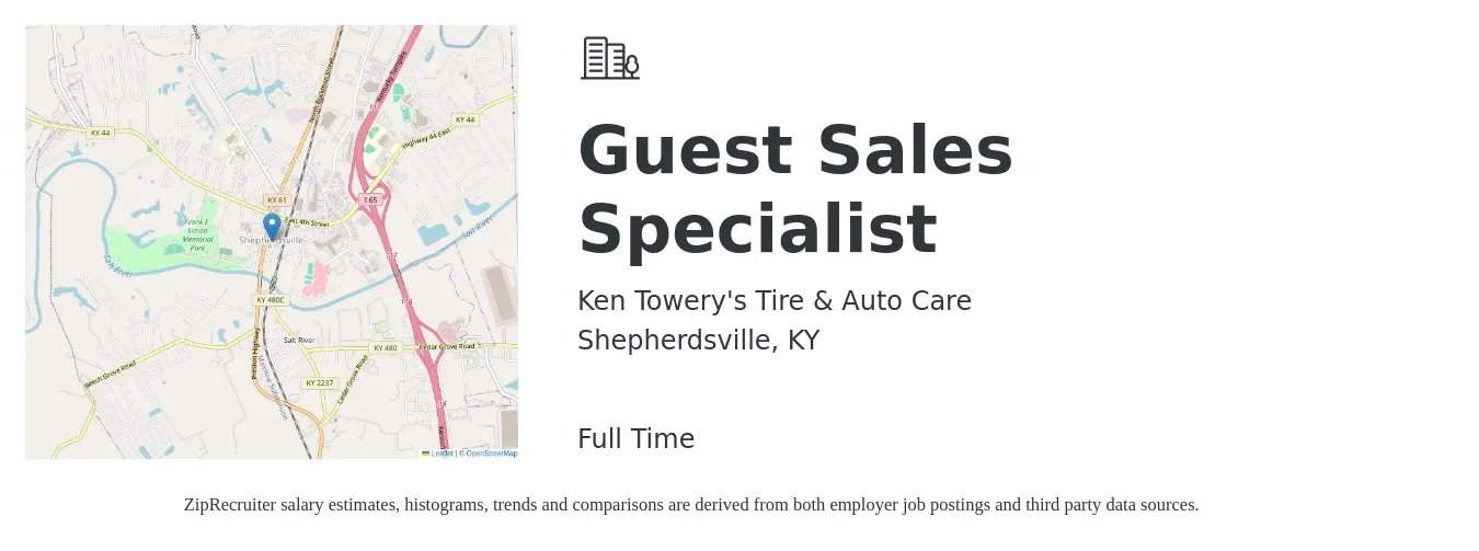 Ken Towery's Tire & Auto Care job posting for a Guest Sales Specialist in Shepherdsville, KY with a salary of $43,100 to $71,700 Yearly with a map of Shepherdsville location.