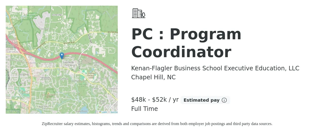 Kenan-Flagler Business School Executive Education, LLC job posting for a PC : Program Coordinator in Chapel Hill, NC with a salary of $48,000 to $52,000 Yearly with a map of Chapel Hill location.