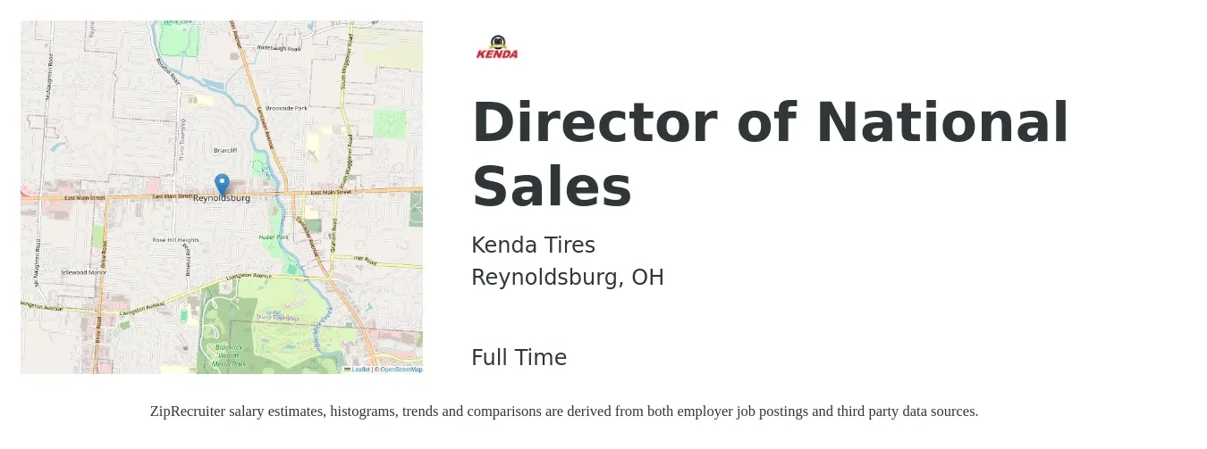 Kenda Tires job posting for a Director of National Sales in Reynoldsburg, OH with a salary of $91,500 to $126,300 Yearly with a map of Reynoldsburg location.