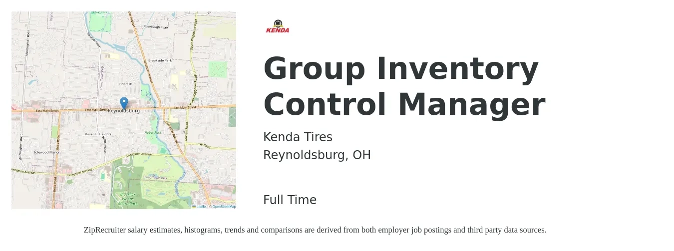 Kenda Tires job posting for a Group Inventory Control Manager in Reynoldsburg, OH with a salary of $38,900 to $60,800 Yearly with a map of Reynoldsburg location.