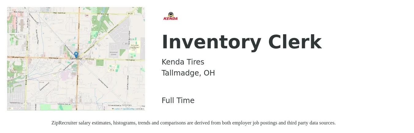 Kenda Tires job posting for a Inventory Clerk in Tallmadge, OH with a salary of $16 to $19 Hourly with a map of Tallmadge location.
