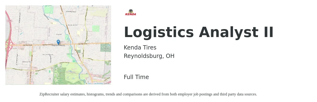 Kenda Tires job posting for a Logistics Analyst II in Reynoldsburg, OH with a salary of $20 to $32 Hourly with a map of Reynoldsburg location.