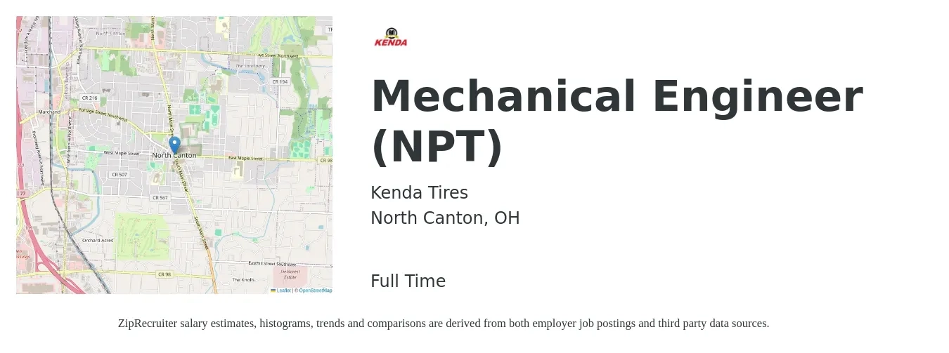 Kenda Tires job posting for a Mechanical Engineer (NPT) in North Canton, OH with a salary of $72,600 to $112,600 Yearly with a map of North Canton location.
