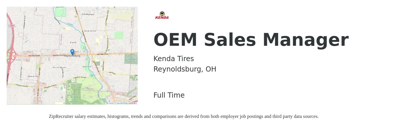 Kenda Tires job posting for a OEM Sales Manager in Reynoldsburg, OH with a salary of $73,200 to $109,800 Yearly with a map of Reynoldsburg location.