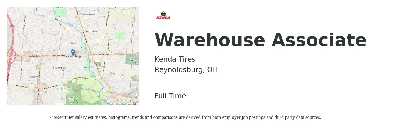 Kenda Tires job posting for a Warehouse Associate in Reynoldsburg, OH with a salary of $15 to $18 Hourly with a map of Reynoldsburg location.