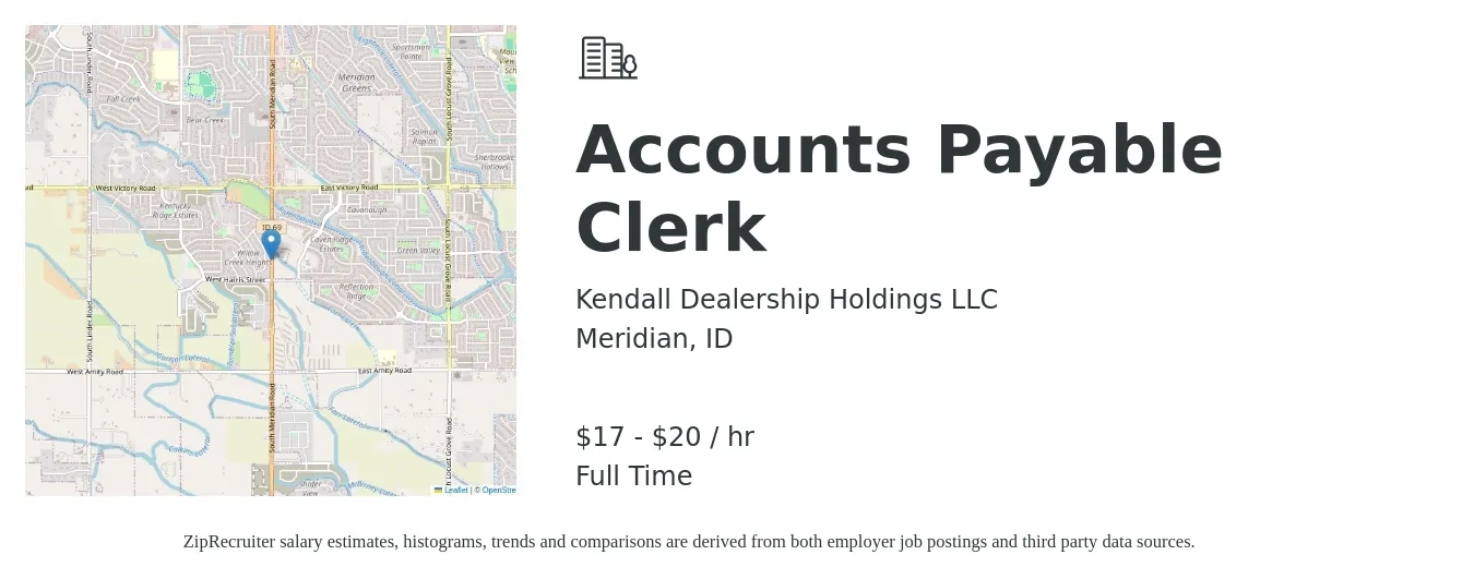 Kendall Dealership Holdings LLC job posting for a Accounts Payable Clerk in Meridian, ID with a salary of $18 to $21 Hourly with a map of Meridian location.