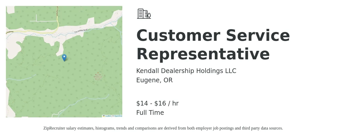 Kendall Dealership Holdings LLC job posting for a Customer Service Representative in Eugene, OR with a salary of $15 to $17 Hourly with a map of Eugene location.