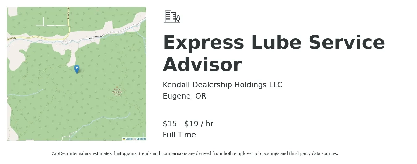 Kendall Dealership Holdings LLC job posting for a Express Lube Service Advisor in Eugene, OR with a salary of $16 to $20 Hourly with a map of Eugene location.