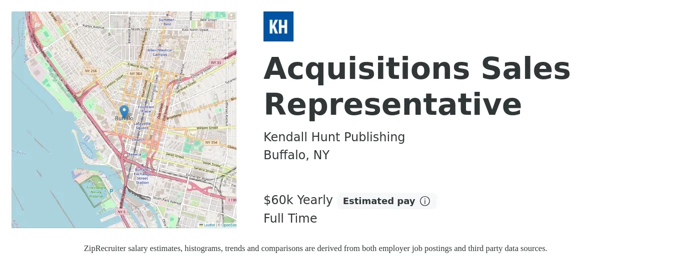 Kendall Hunt Publishing job posting for a Acquisitions Sales Representative in Buffalo, NY with a salary of $60,000 Yearly with a map of Buffalo location.