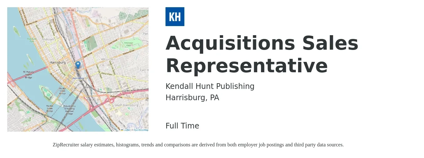 Kendall Hunt Publishing job posting for a Acquisitions Sales Representative in Harrisburg, PA with a salary of $50,000 Yearly with a map of Harrisburg location.