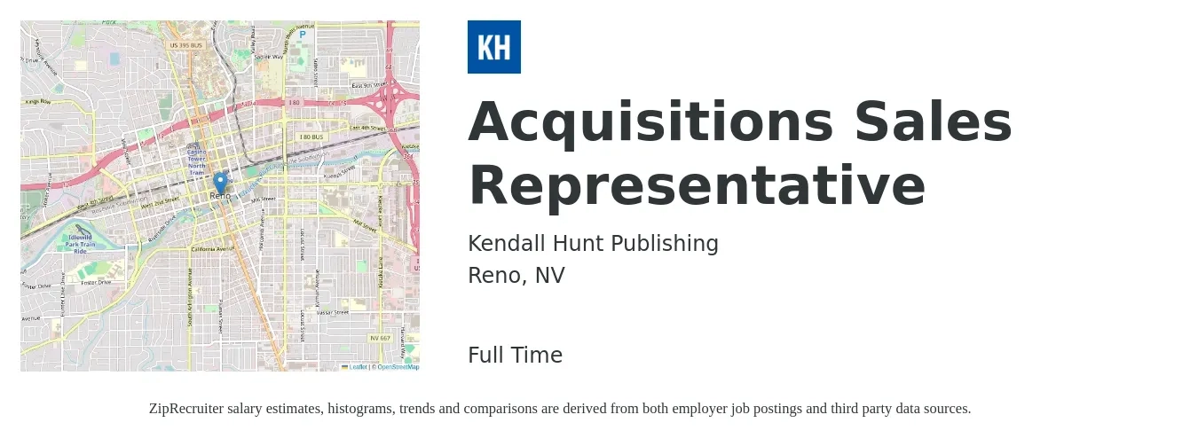 Kendall Hunt Publishing job posting for a Acquisitions Sales Representative in Reno, NV with a salary of $60,000 Yearly with a map of Reno location.