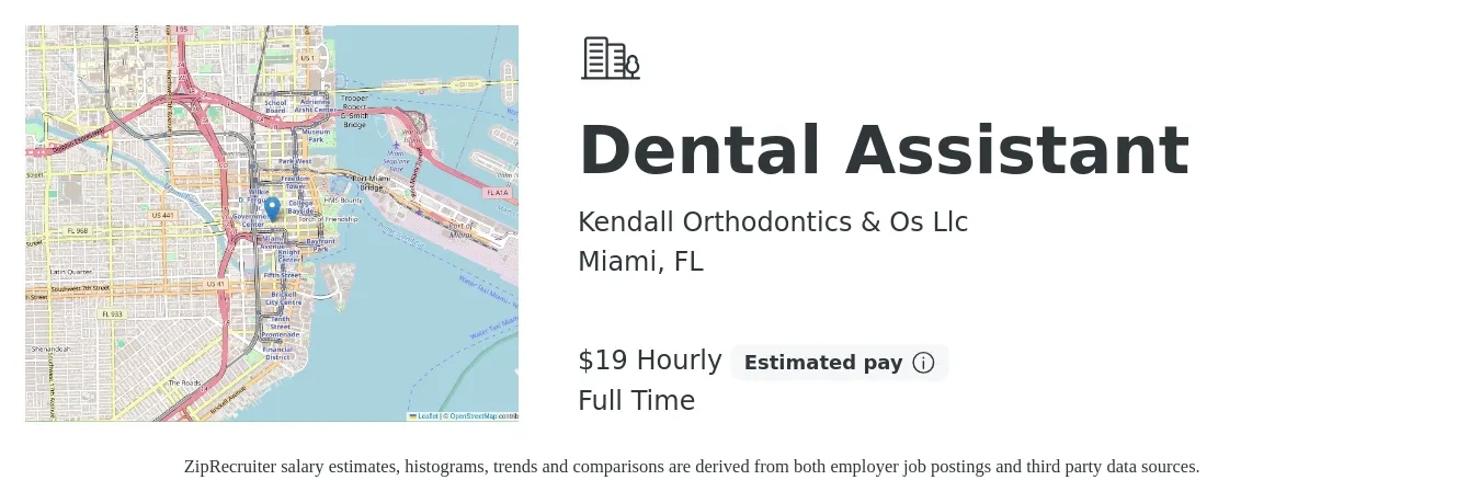 Kendall Orthodontics & Os Llc job posting for a Dental Assistant in Miami, FL with a salary of $20 Hourly with a map of Miami location.