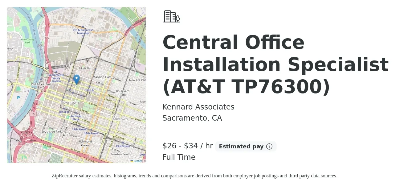 Kennard Associates job posting for a Central Office Installation Specialist (AT&T TP76300) in Sacramento, CA with a salary of $28 to $36 Hourly with a map of Sacramento location.