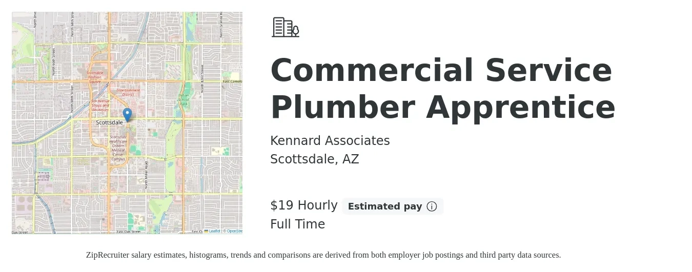 Kennard Associates job posting for a Commercial Service Plumber Apprentice in Scottsdale, AZ with a salary of $20 Hourly with a map of Scottsdale location.