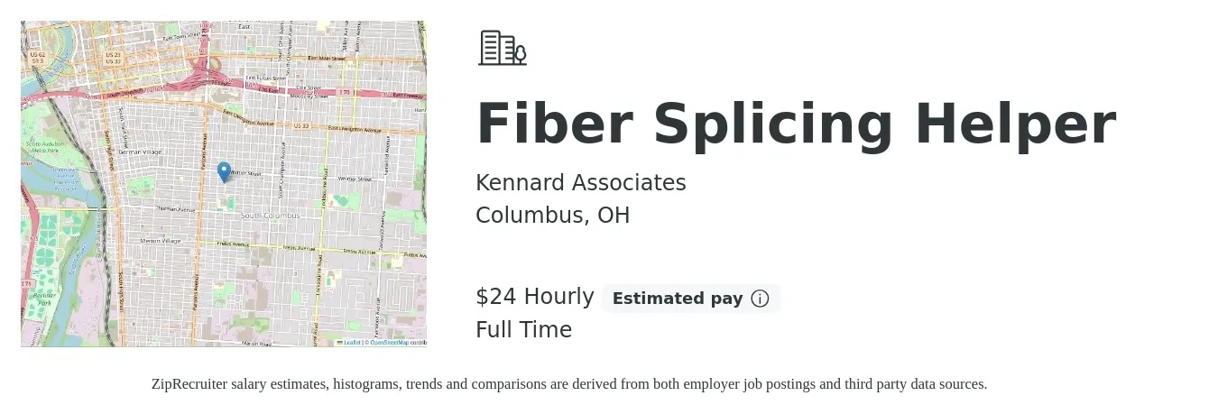 Kennard Associates job posting for a Fiber Splicing Helper in Columbus, OH with a salary of $25 Hourly with a map of Columbus location.