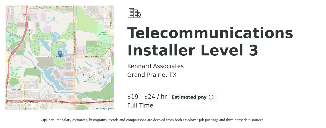 Kennard Associates job posting for a Telecommunications Installer Level 3 in Grand Prairie, TX with a salary of $20 to $25 Hourly with a map of Grand Prairie location.