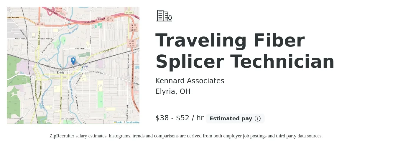 Kennard Associates job posting for a Traveling Fiber Splicer Technician in Elyria, OH with a salary of $40 to $55 Hourly with a map of Elyria location.