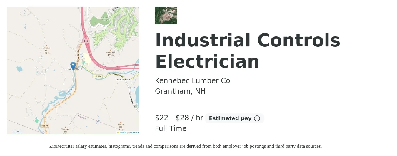 Kennebec Lumber Co job posting for a Industrial Controls Electrician in Grantham, NH with a salary of $23 to $30 Hourly with a map of Grantham location.