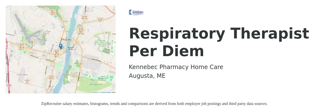 Kennebec Pharmacy Home Care job posting for a Respiratory Therapist Per Diem in Augusta, ME with a salary of $31 to $55 Hourly with a map of Augusta location.