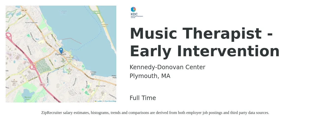 Kennedy-Donovan Center job posting for a Music Therapist - Early Intervention in Plymouth, MA with a salary of $25 to $35 Hourly with a map of Plymouth location.
