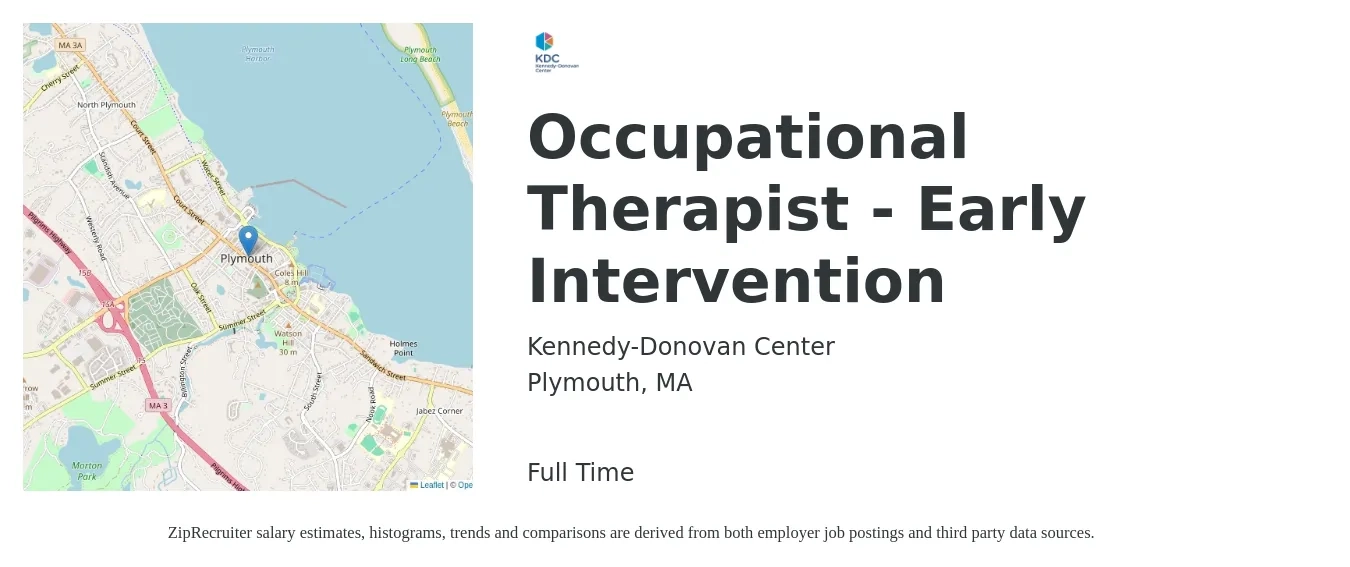 Kennedy-Donovan Center job posting for a Occupational Therapist - Early Intervention in Plymouth, MA with a salary of $44 to $58 Hourly with a map of Plymouth location.