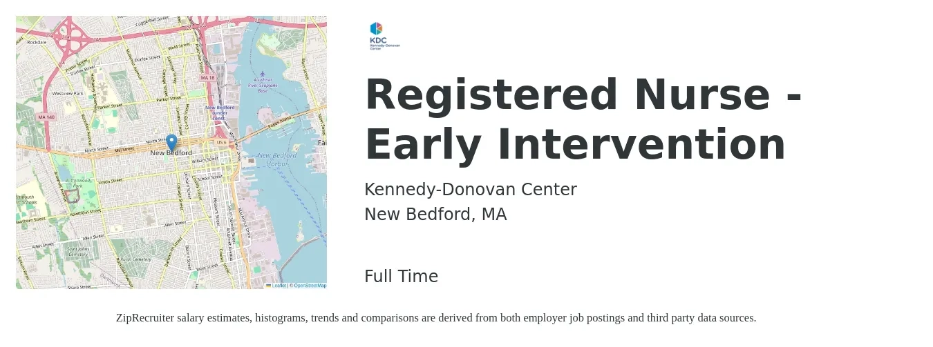 Kennedy-Donovan Center job posting for a Registered Nurse - Early Intervention in New Bedford, MA with a salary of $36 to $54 Hourly with a map of New Bedford location.