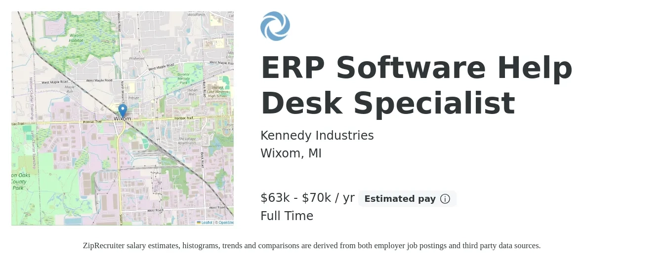 Kennedy Industries job posting for a ERP Software Help Desk Specialist in Wixom, MI with a salary of $63,000 to $70,000 Yearly with a map of Wixom location.